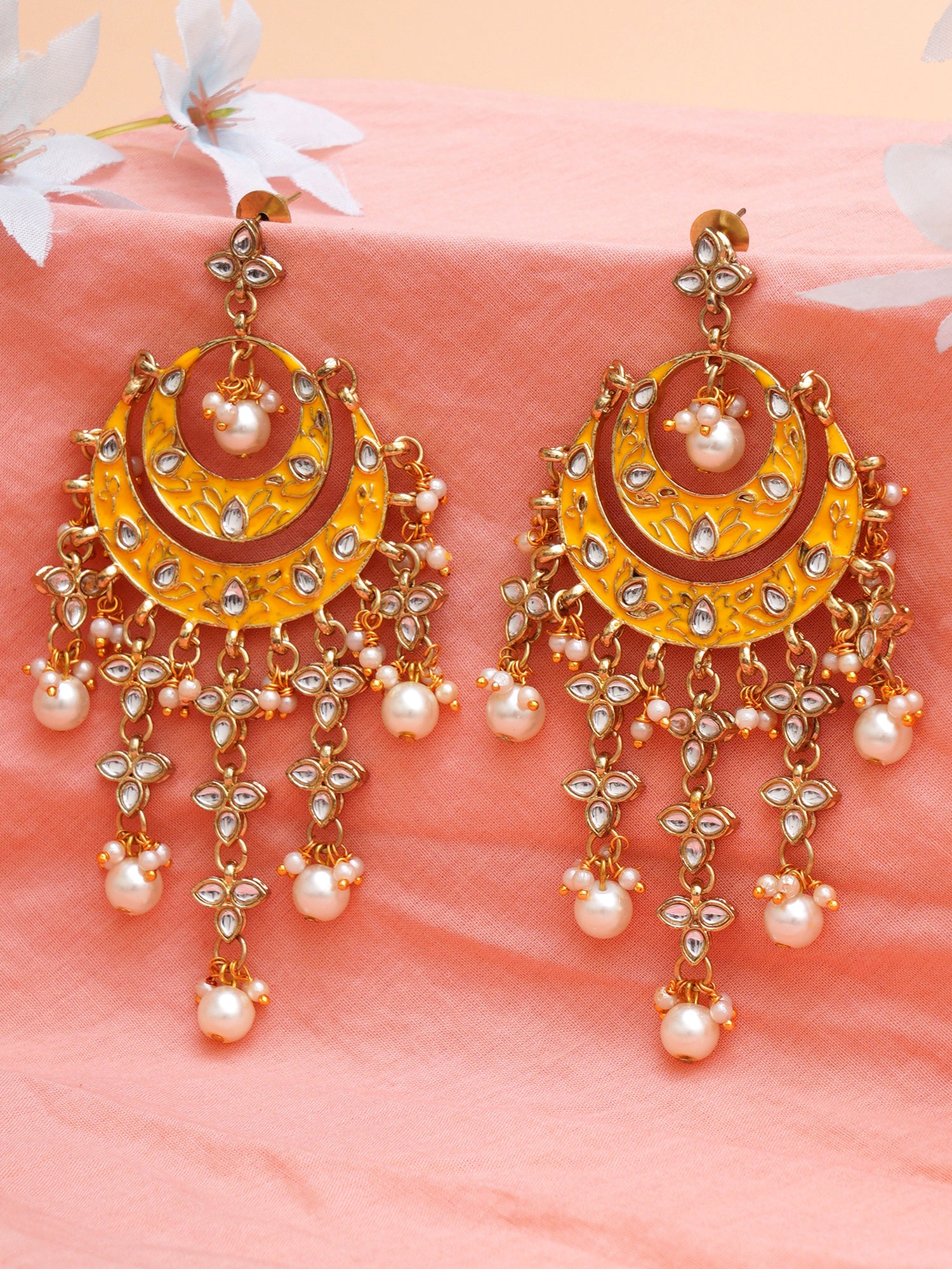 Karatcart Gold Plated Yellow Meena Lotus Shape Kundan Dangler Earrings for Women