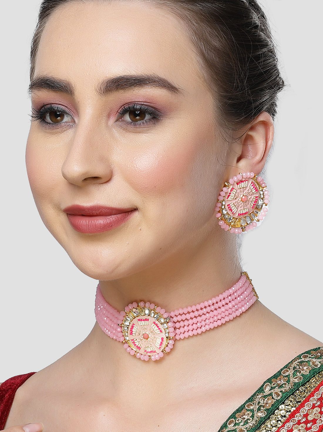 Karatcart Pink Meena Lotus Design Crystal Choker Necklace Set for Women