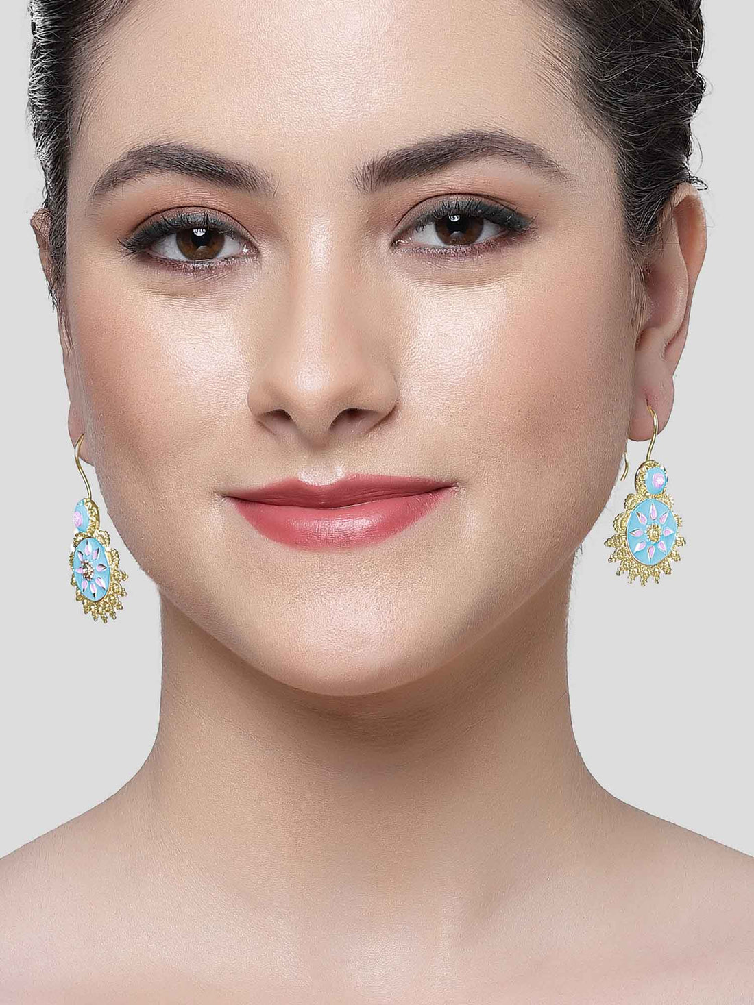 Karatcart Gold Plated Light Blue and Pink Meena Drop Earring for Women