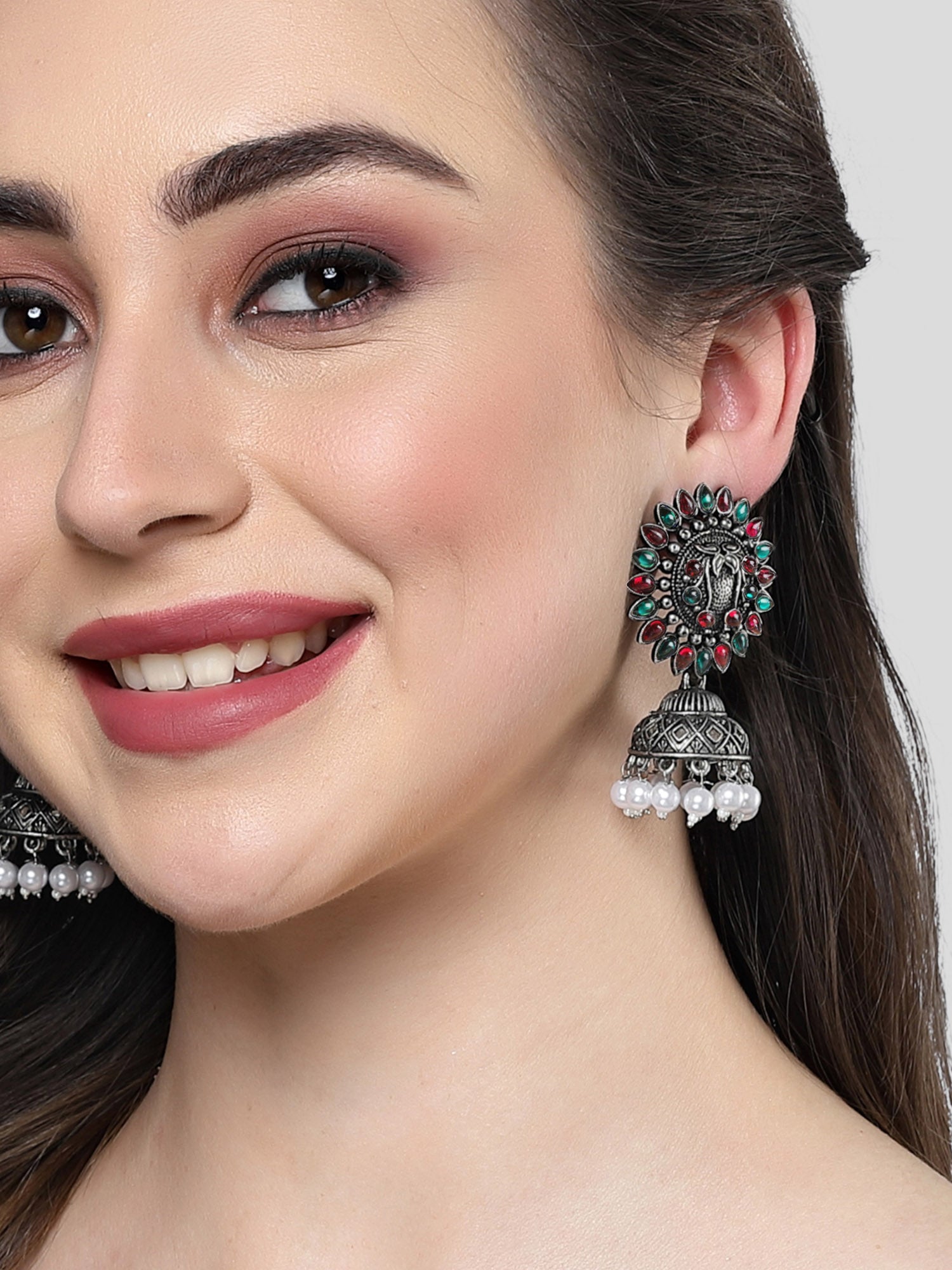 Karatcart Oxidised Silver Red and Green Stone Jhumki Earring for Women