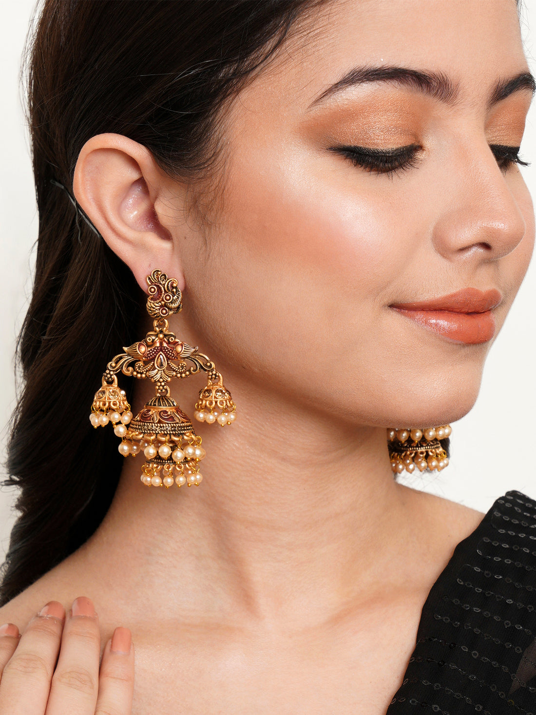 Karatcart Gold Plated Maroon Meena Double Jhumki Earrings for Women