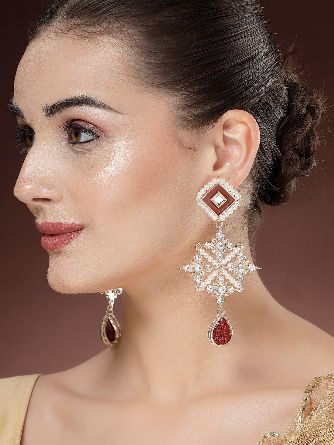 Karatcart Gold Plated Red Carved Stone Kundan Drop Earrings for Women