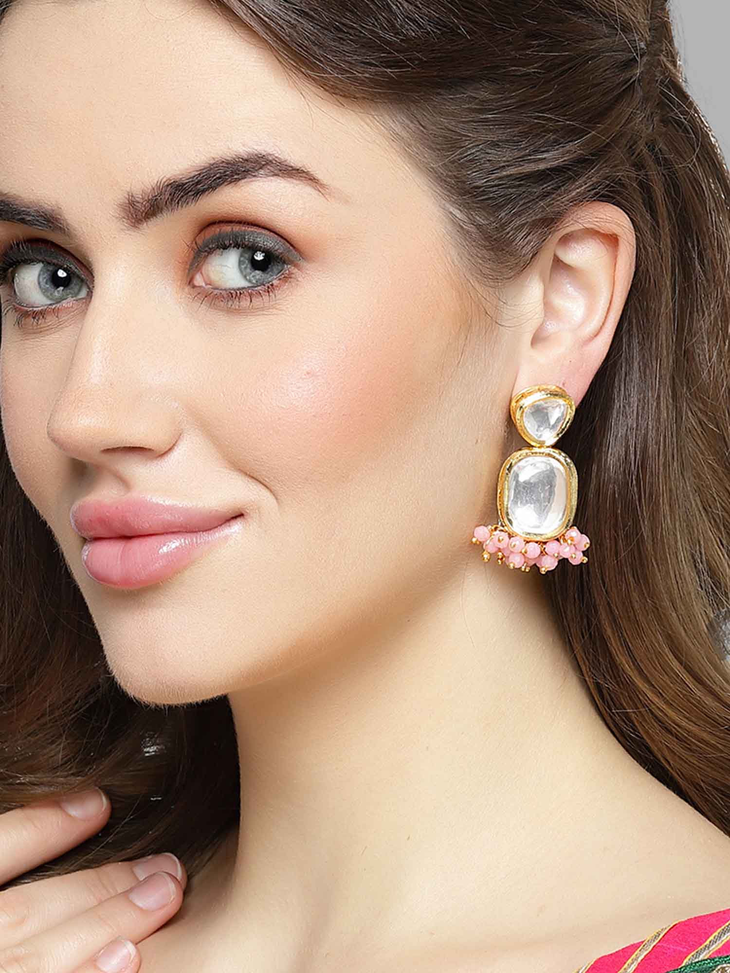 Karatcart Gold Plated Pink Crystal Polki Kundan Drop Earrings for Women - Image 1