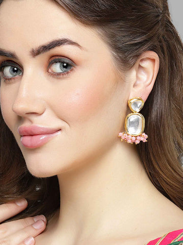 Karatcart Gold Plated Pink Crystal Polki Kundan Drop Earrings for Women