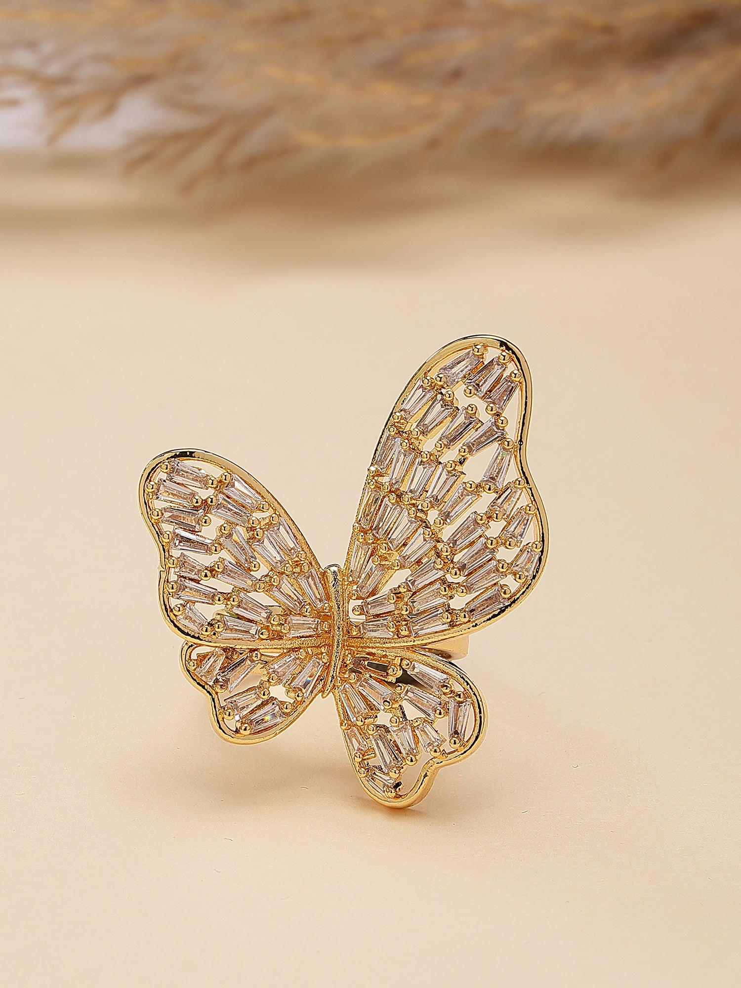 Bohey by KARATCART Gold Plated Cubic Zirconia Studded Butterfly Design Women's Cocktail Ring