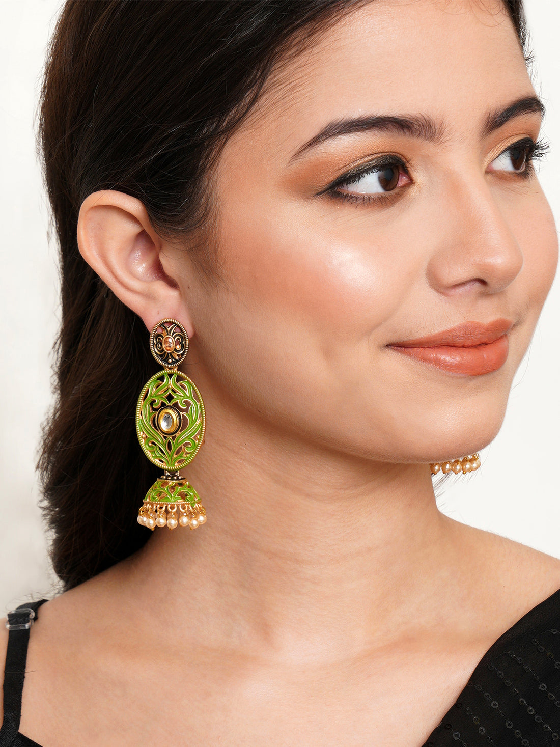 Karatcart Gold Plated Light Green Meena Dangler Jhumki Earrings for Women