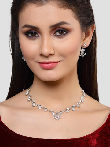 Karatcart Silver Plated Floral CZ Stone Studded Jewellery Set