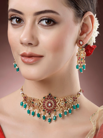 Karatcart Red and Green Stone Gold Plated Floral Temple Jewellery Set for Women