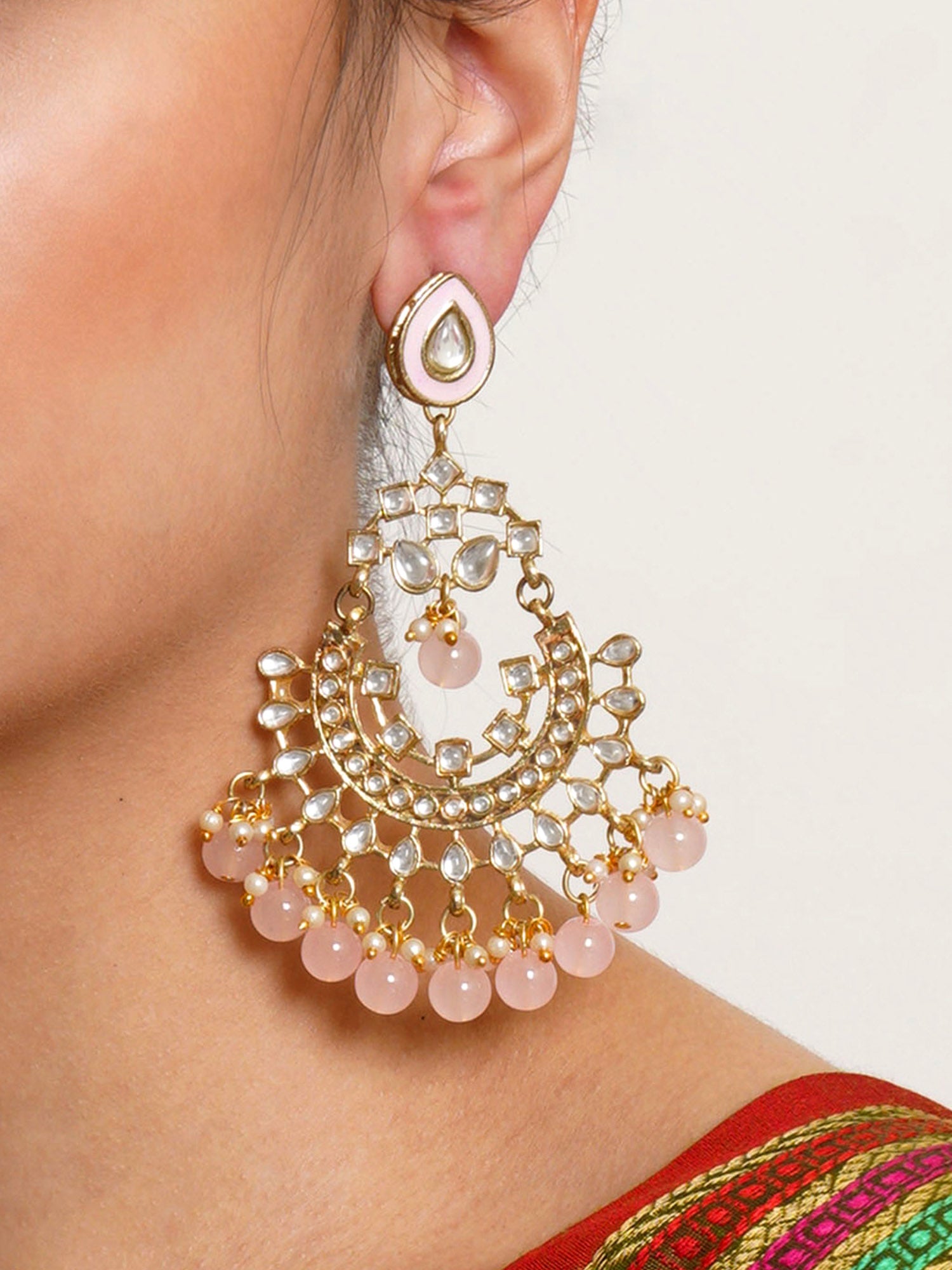 Karatcart Gold Plated Pink Beads Kundan Chandbali Earrings for Women - Image 1