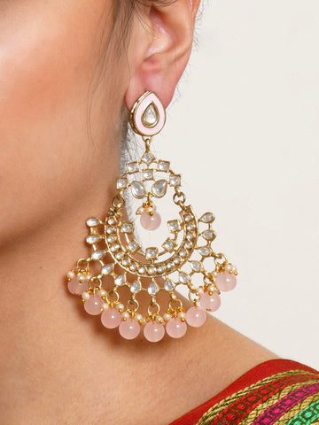 Karatcart Gold Plated Pink Beads Kundan Chandbali Earrings for Women