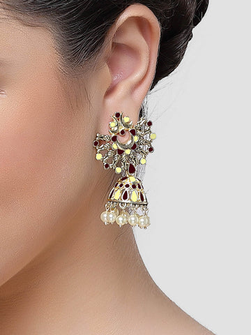 Karatcart Gold Plated Brown and Cream Meena Jhumki Earrings for Women