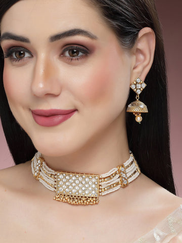 Karatcart Gold Plated White Stone Choker Necklace Set for Women