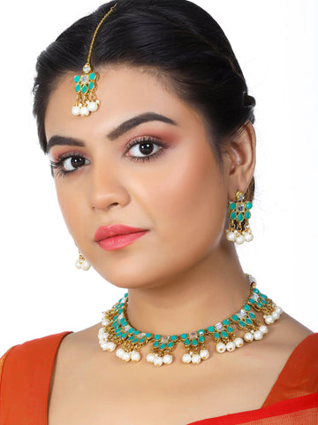 KARATCART Gold Plated Light Blue Kundan Choker Jewellery Set for Women