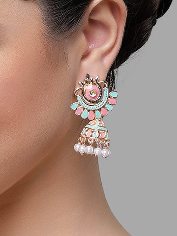 Karatcart Rose Gold Plated Pink and Light Blue Meena Jhumki Earrings for Women