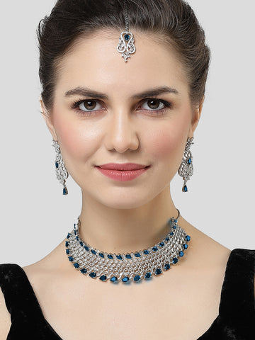 Karatcart Blue Cubic Zirconia Silver Plated Choker Necklace Set for Women