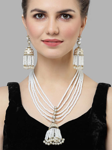 Karatcart White Opaque Crystal Gold Plated Kundan Rani Haar Necklace Set for Women