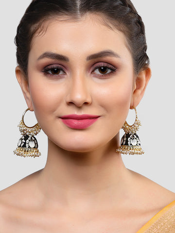 Karatcart Gold Plated Black Meena Pearl Jhumki Earrings for Women