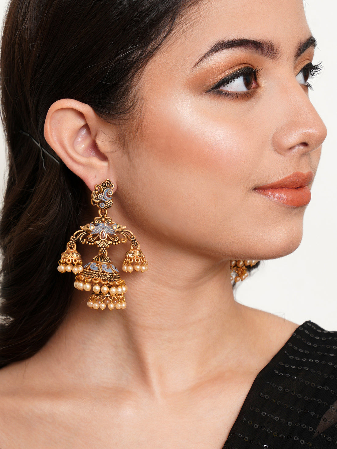 Karatcart Gold Plated Grey Meena Double Jhumki Earrings for Women