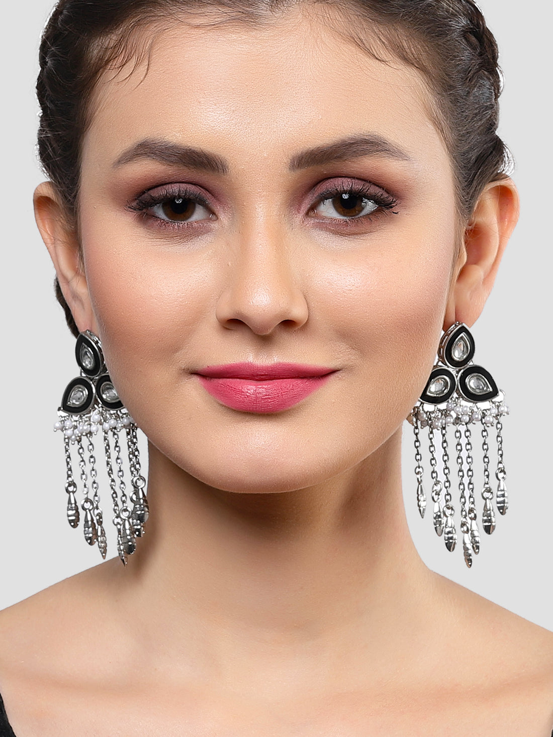 Karatcart Oxidised Silver Black Meena Kundan Dangler Earrings for Women