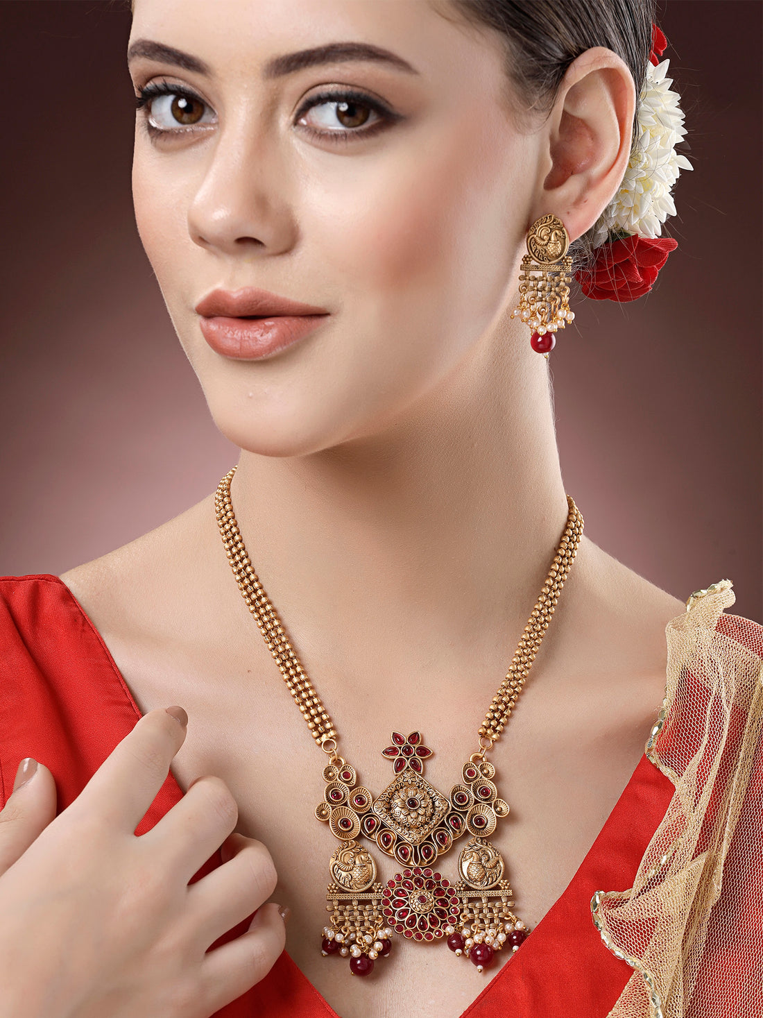 Karatcart Gold Plated Red Stone Temple Jewellery Set for Women