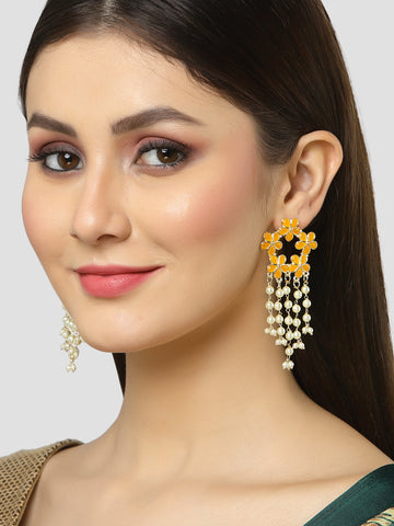 Karatcart Gold Plated Floral Design Yellow Kundan Pearl Tassel Earrings for Women