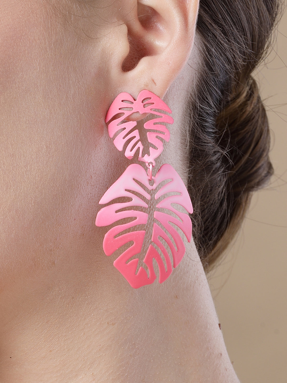 Bohey by KARATCART Pink Monstera Leaf Design Dangler Earrings for Women