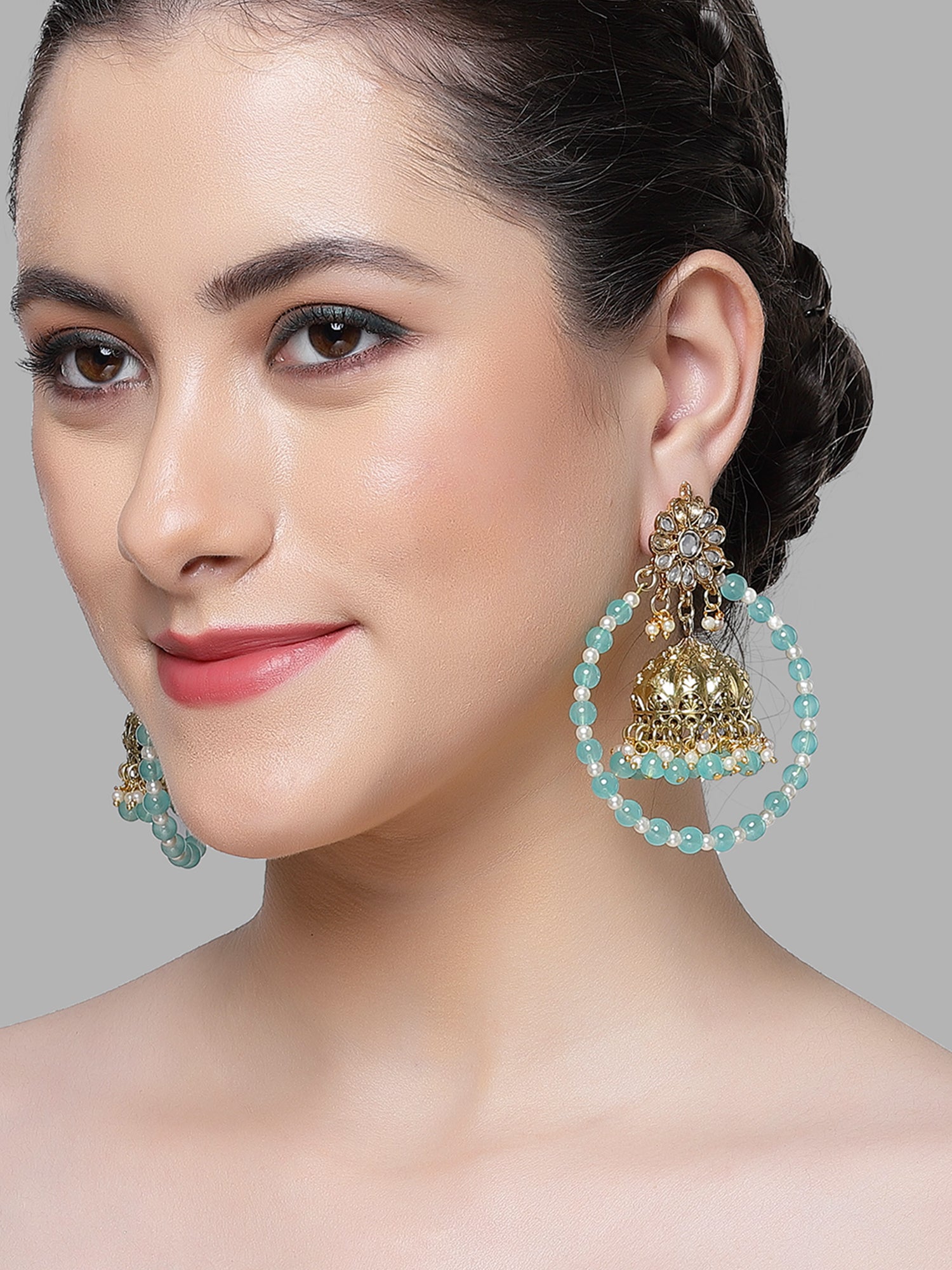 Karatcart Gold Plated Light Blue Bead Kundan Jhumki Hoop Earrings for Women - Image 1