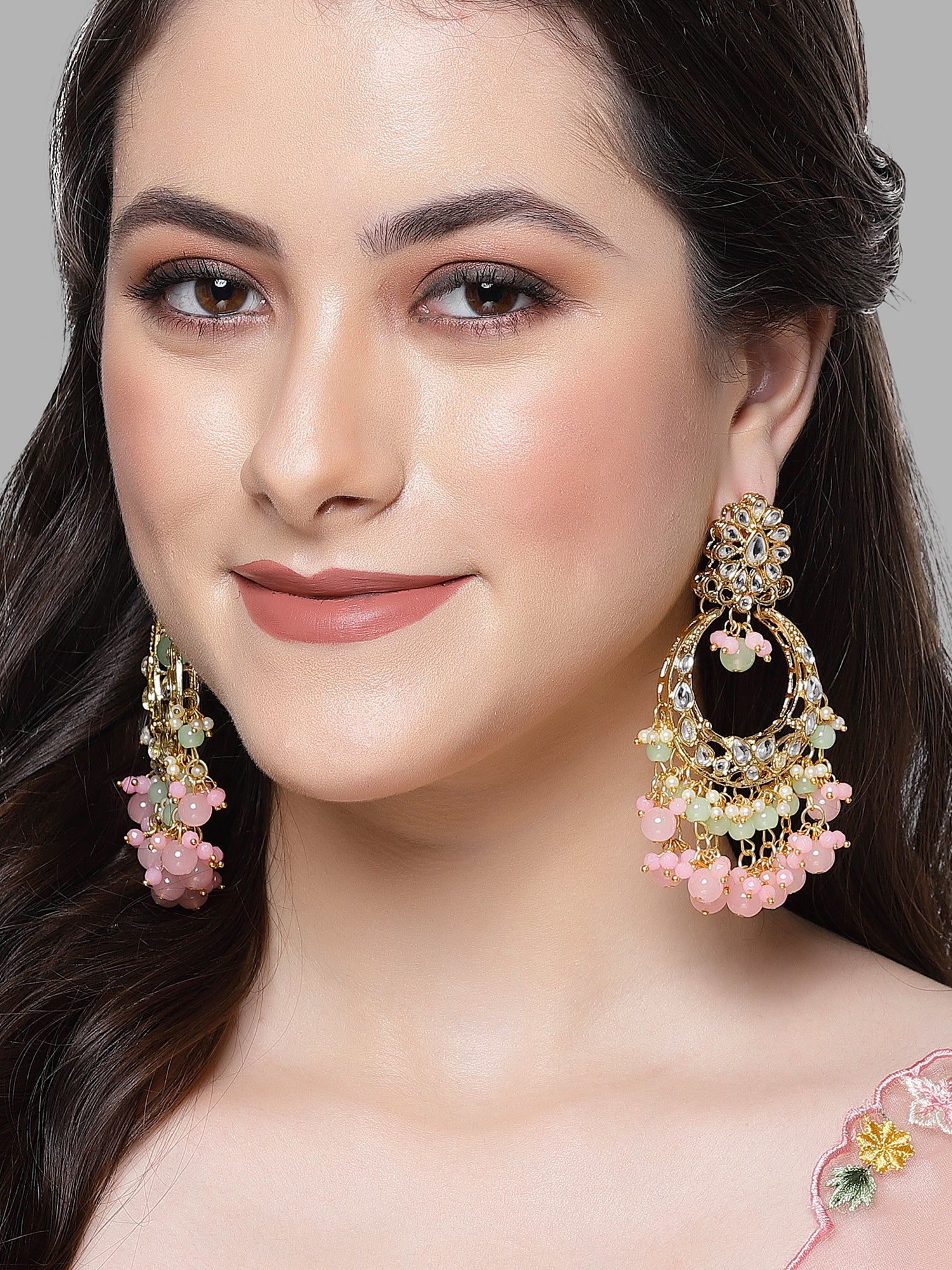 Karatcart Gold Plated Pink and Light Green Kundan Drop Earrings for Women - view 2