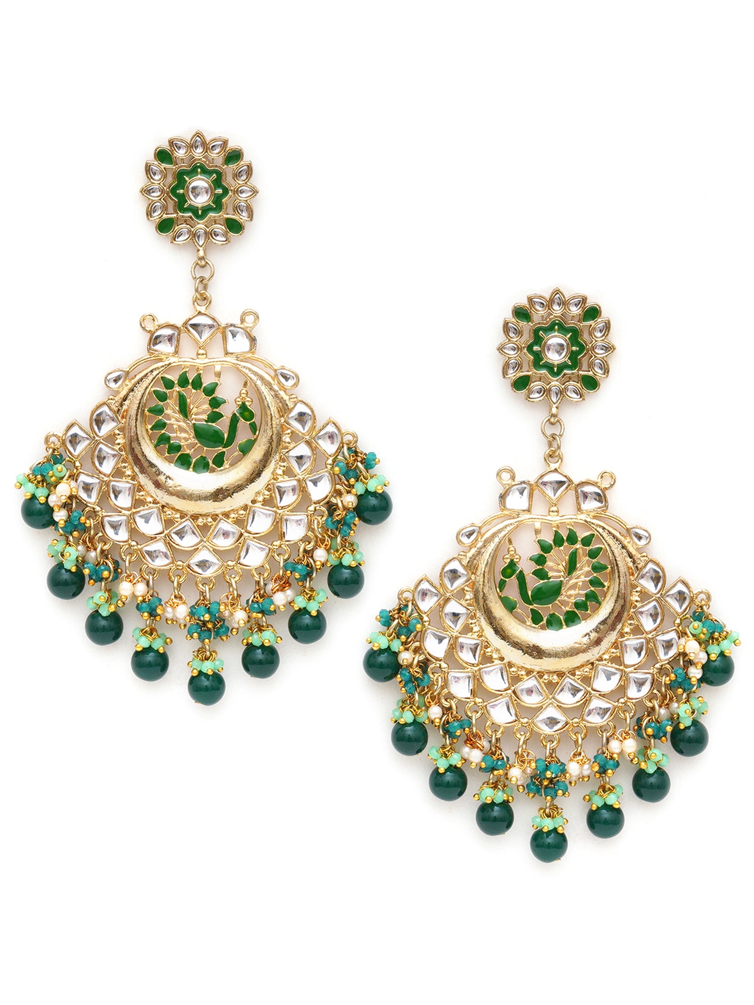 Karatcart Gold Plated Green Meena Peacock Design Kundan Chandbali Earrings for Women - view 3