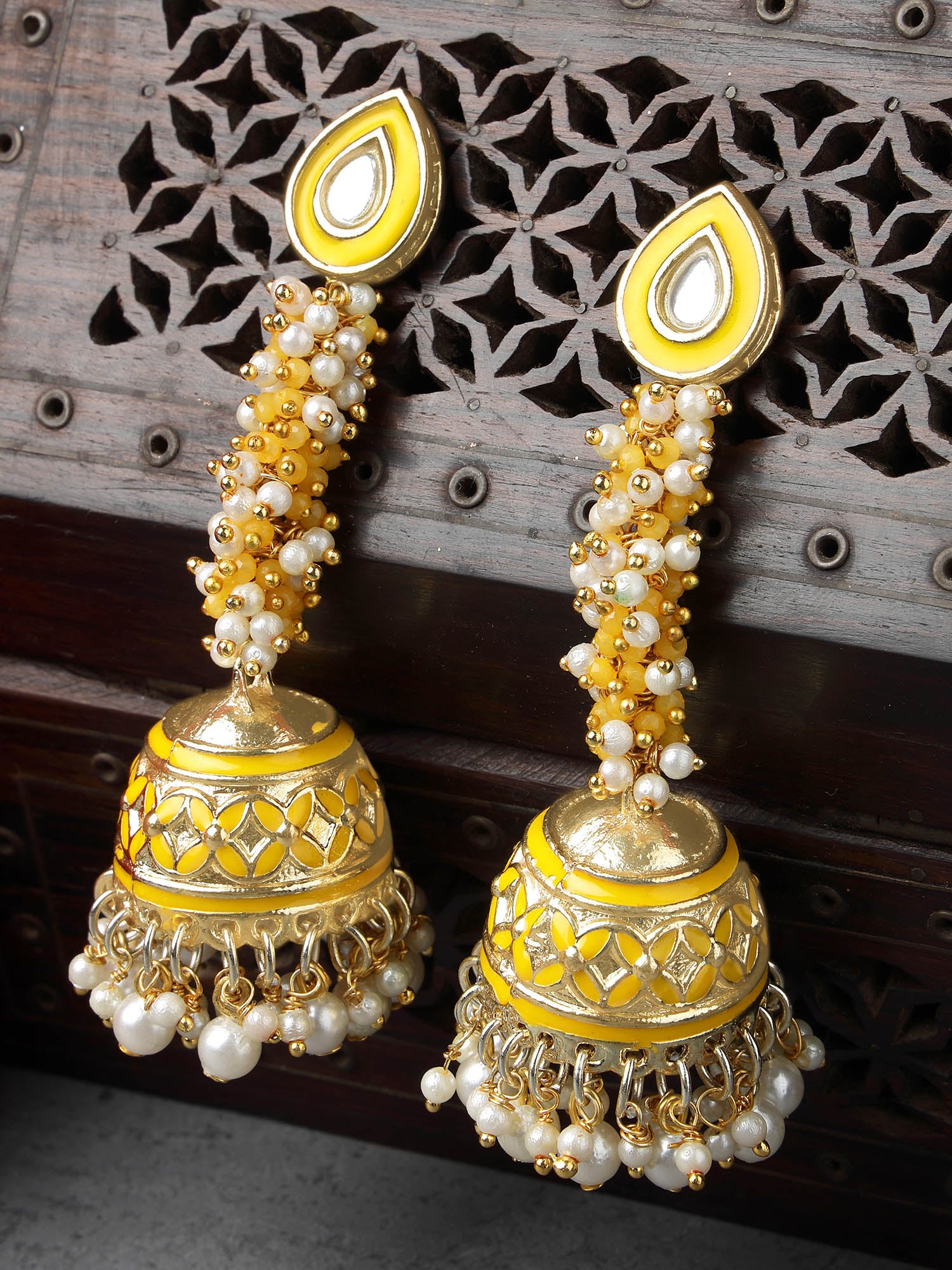 Karatcart Gold Plated Yellow Meena Kundan Jhumki Earrings for Women - view 3