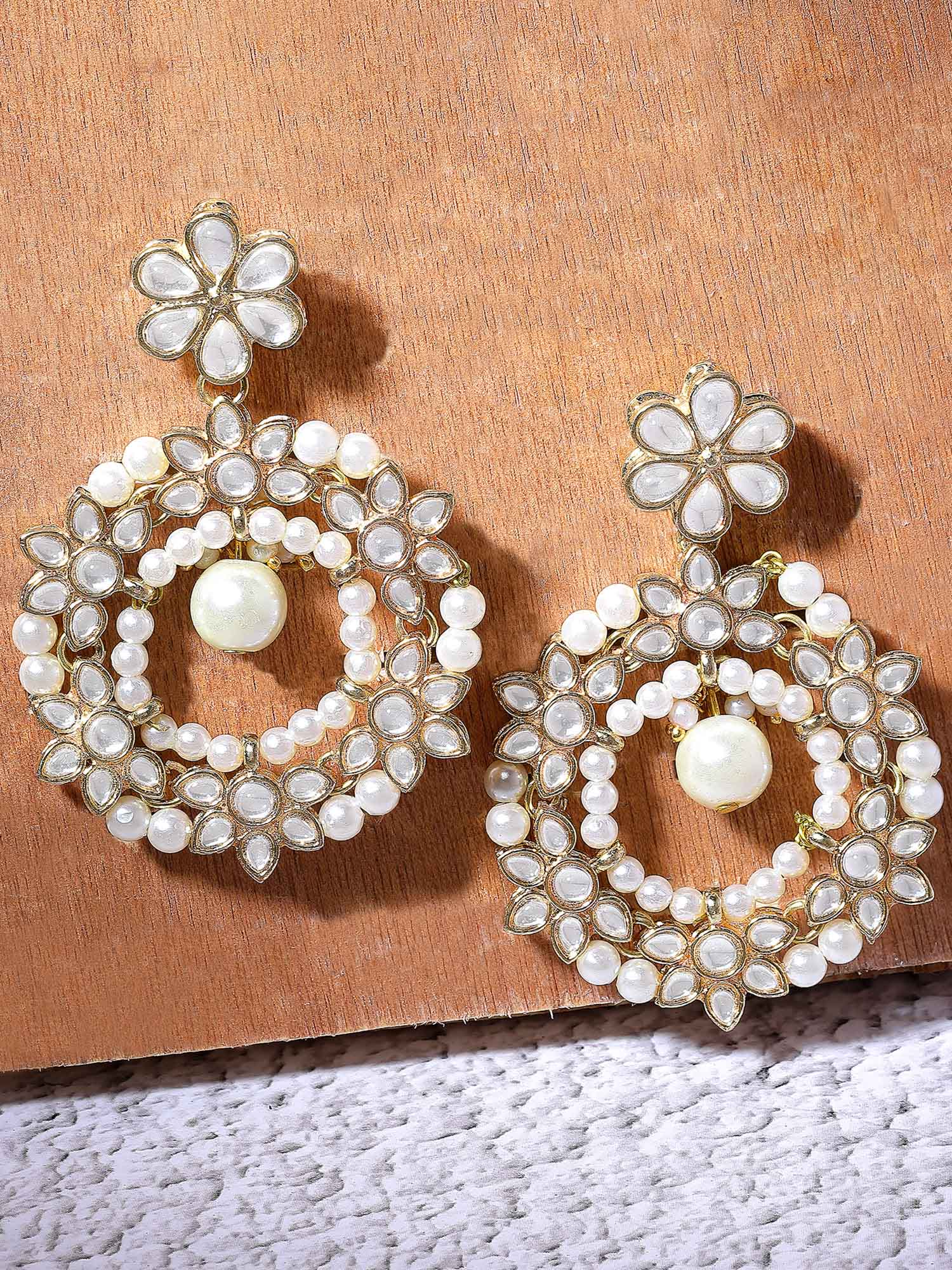 Karatcart Gold-Plated Pearl and Floral Kundan Studded Dangler Hoop Earring for Women - view 3