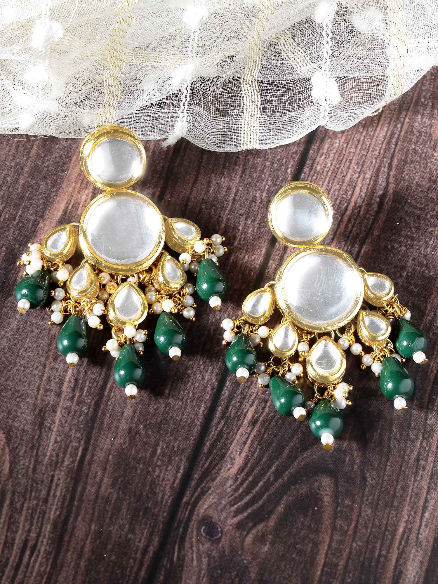 Karatcart Gold Plated Polki Kundan Green Beads Dangler Earrings for Women - view 3