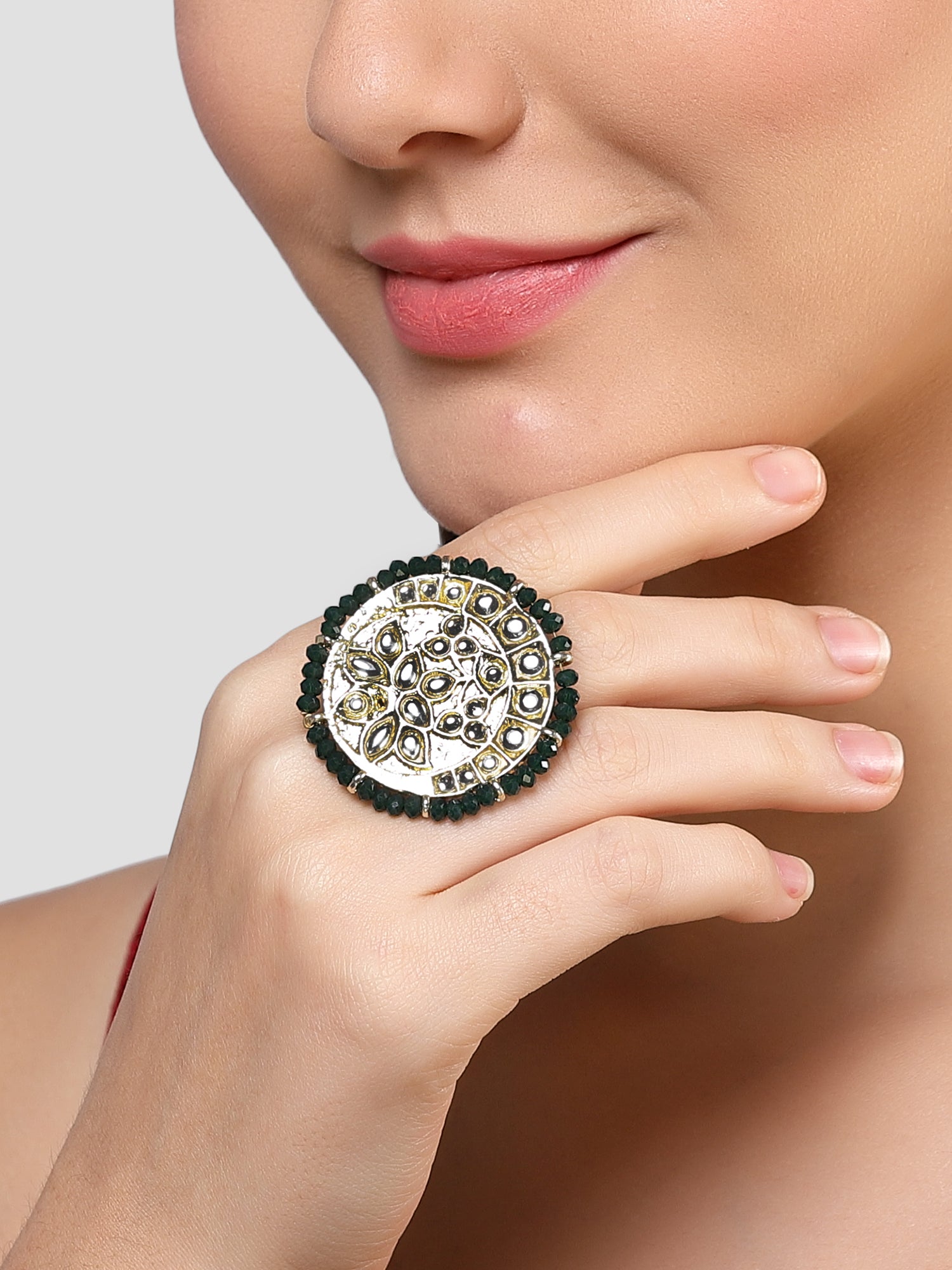 Karatcart Gold Plated Kundan Studded Green Crystal Cocktail Rings for Women