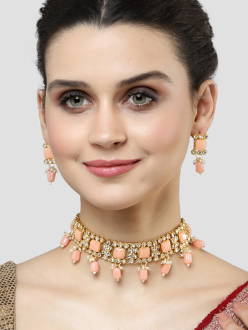 Karatcart Gold Plated Peach Tumble Kundan Necklace Set