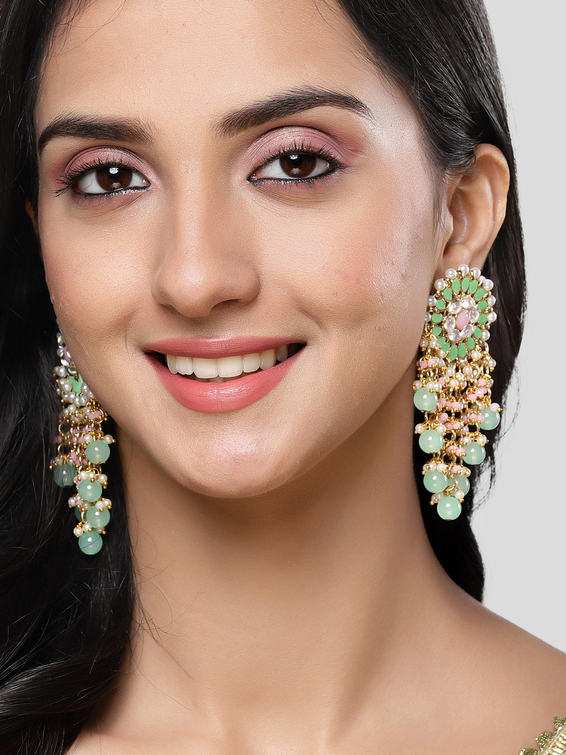 Karatcart Gold Plated Light Green and Pink Floral Design Kundan Drop Earring for Women