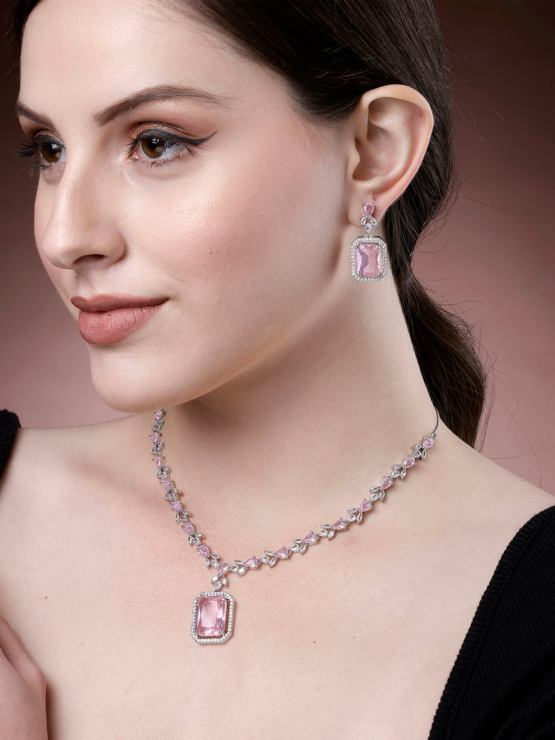 Karatcart Silver Plated Pink Cubic Zirconia Studded Jewellery Set for Women