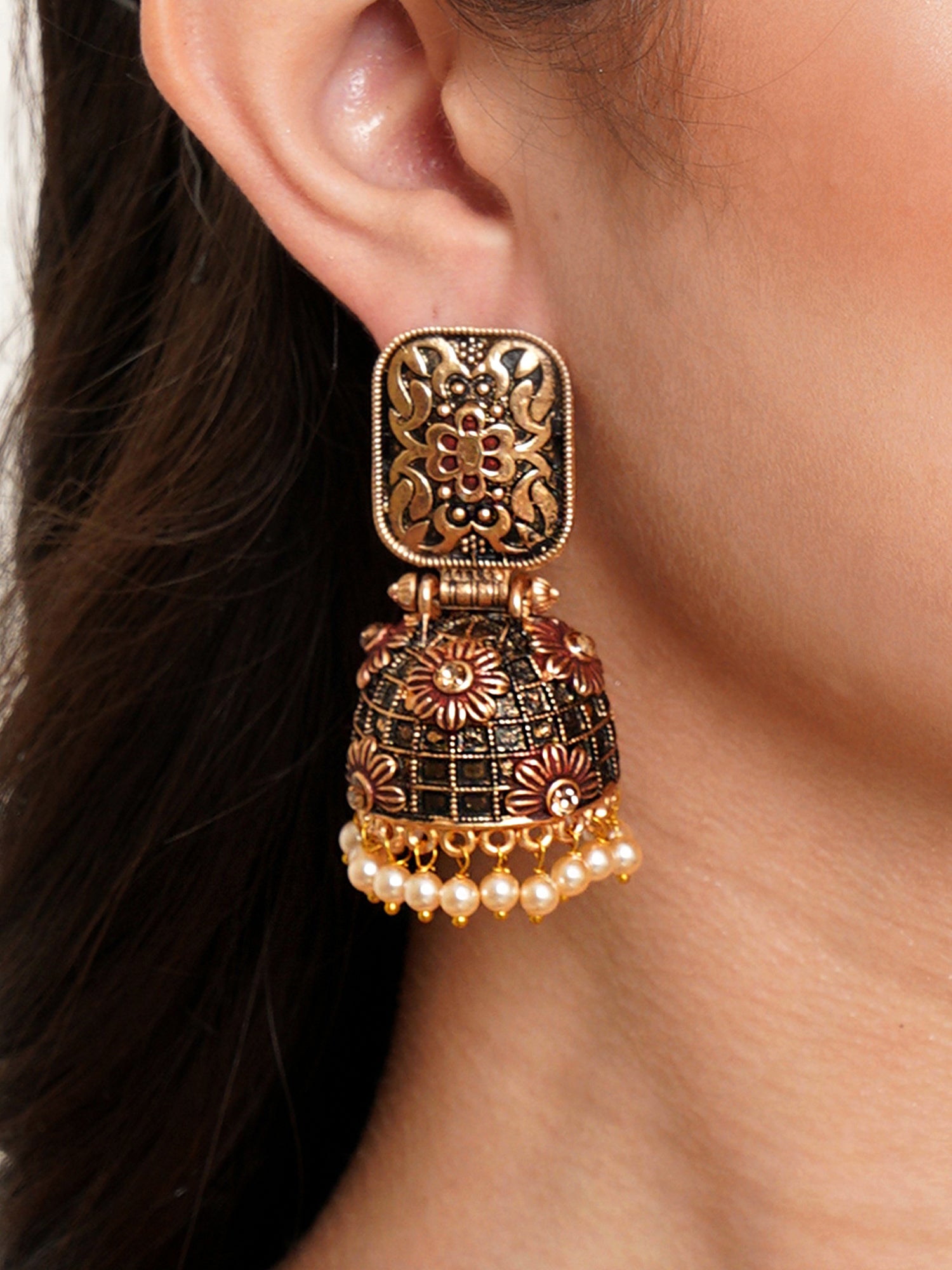 Karatcart Antique Gold Plated Floral Maroon Studded Jhumki Earrings for Women - Image 1