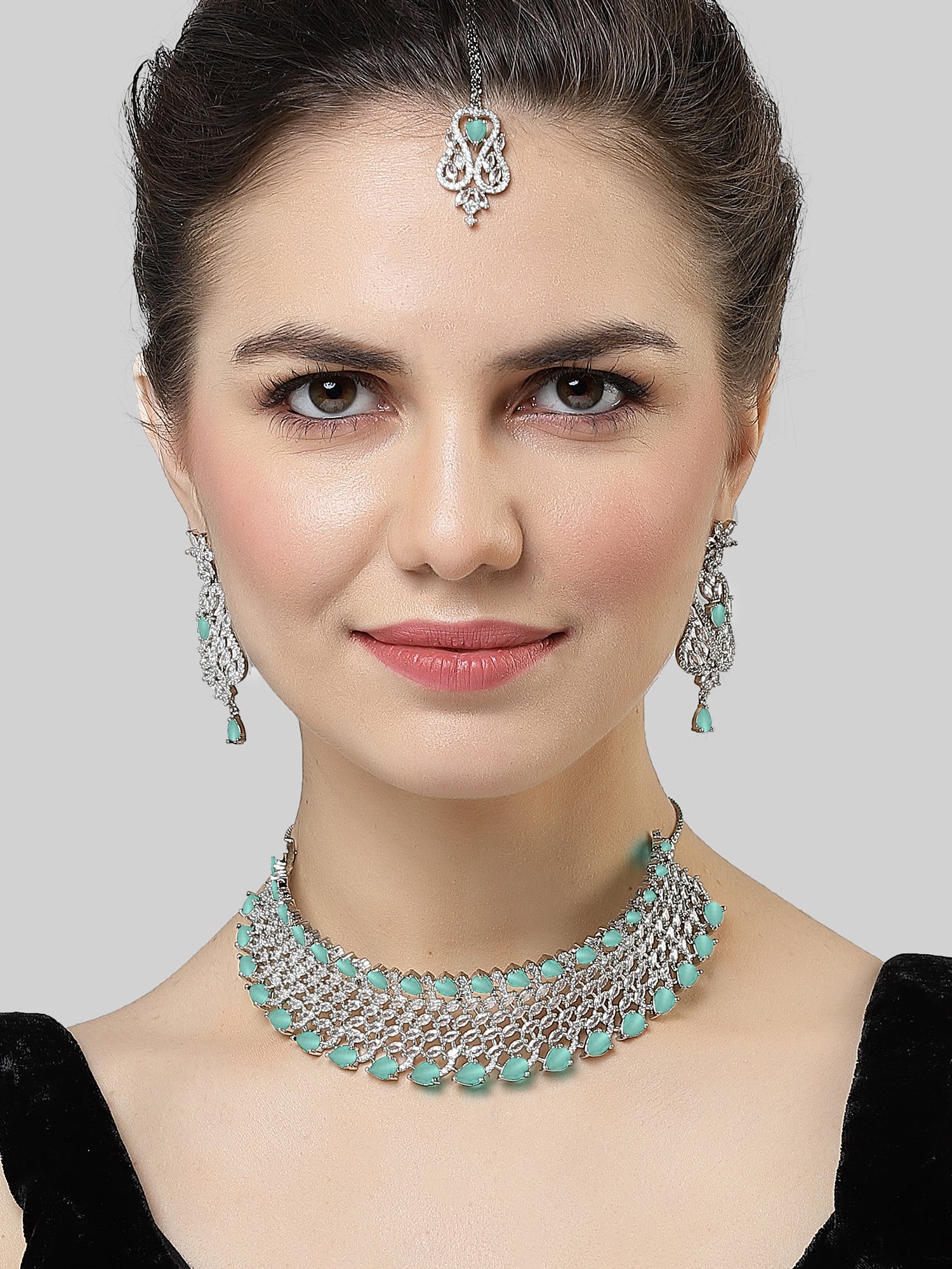 Karatcart Light Green Cubic Zirconia Silver Plated Choker Necklace Set for Women - Image 1