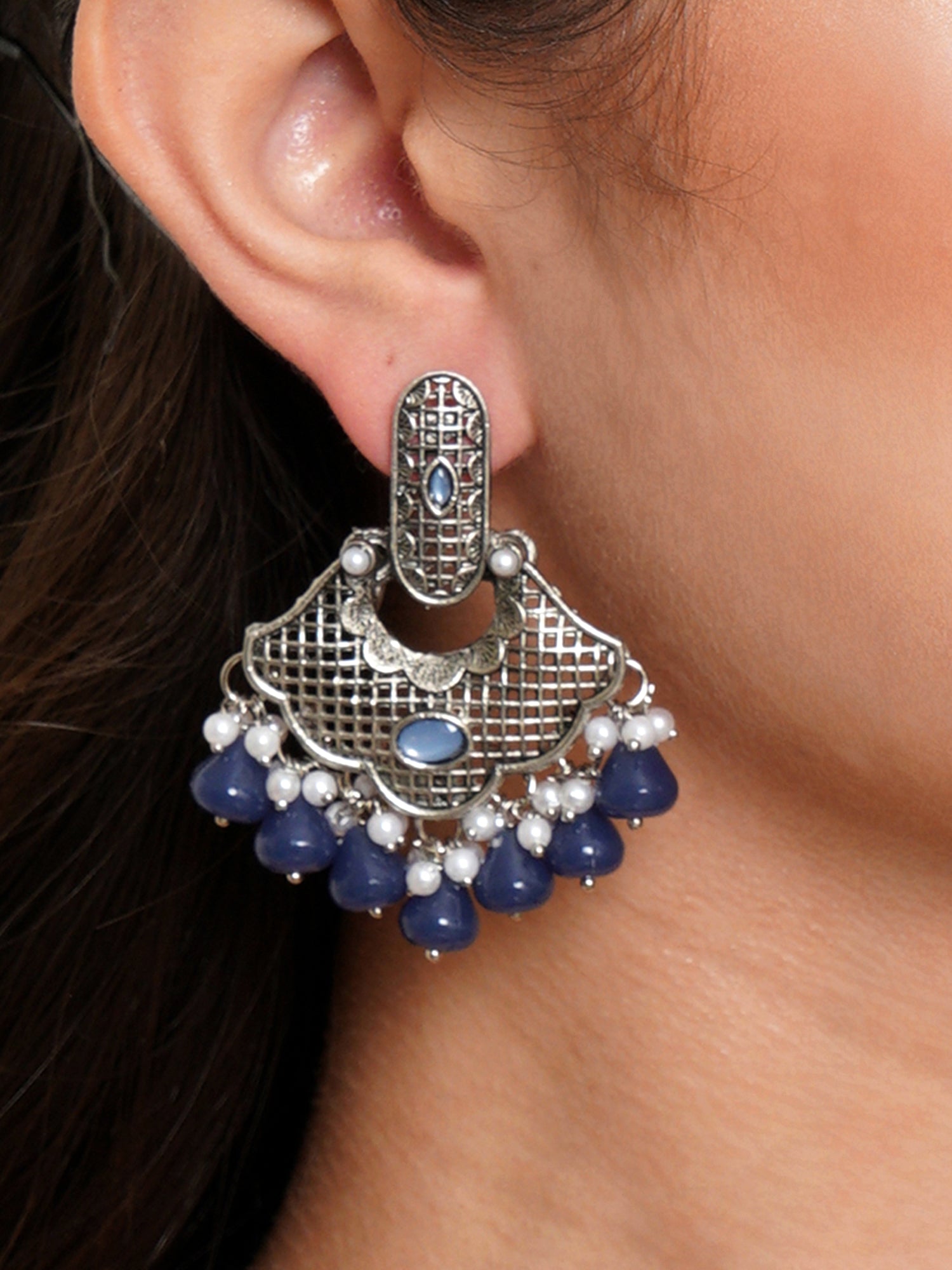 Karatcart Oxidised Silver Blue Monalisa Stone and Pearl Studded Dangler Earrings for Women - Image 1