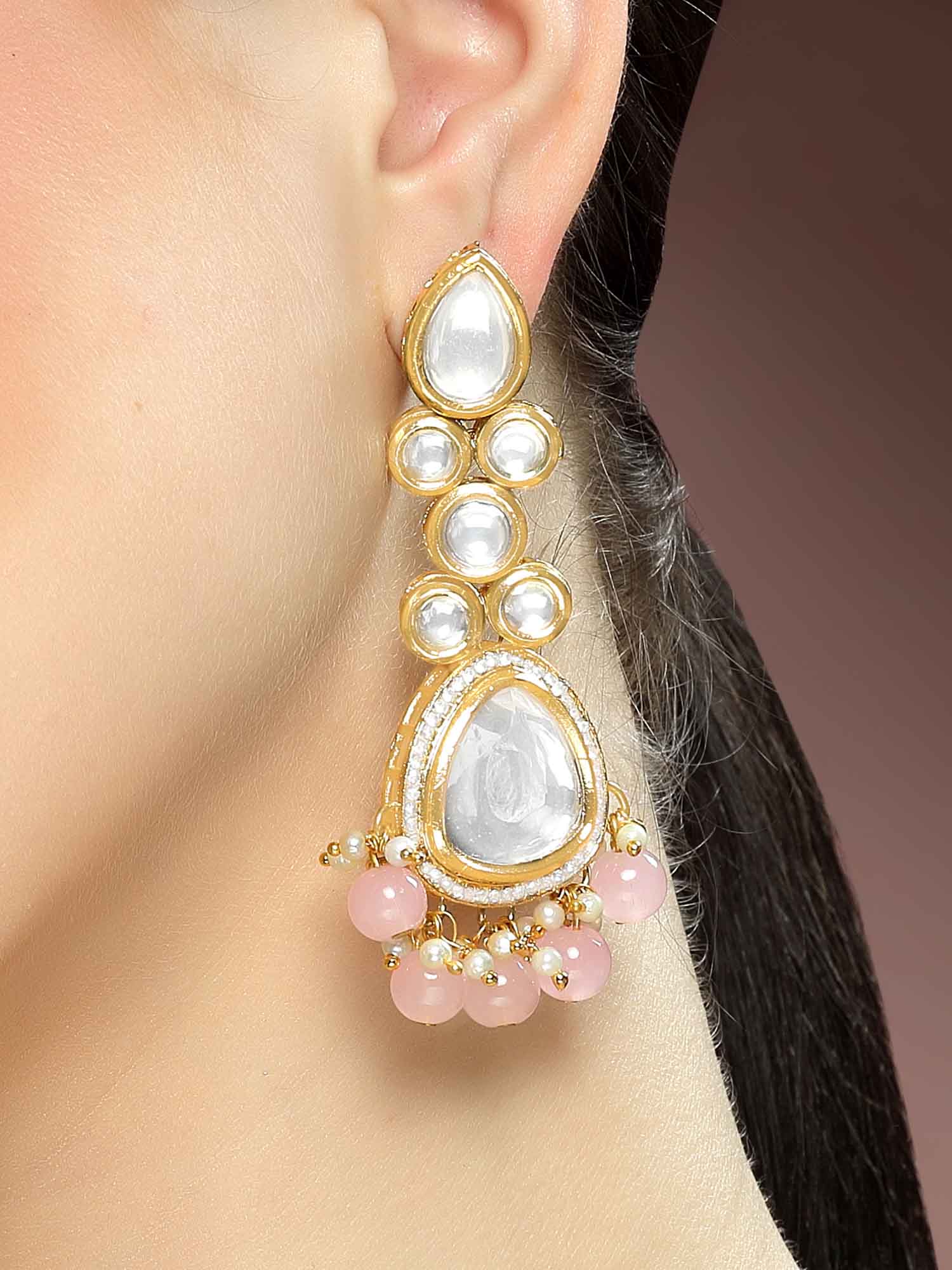 Karatcart Gold Plated Pink Beads Polki Kundan Drop Earrings for Women - Image 1