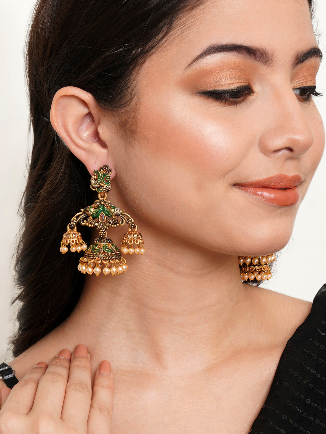 Karatcart Gold Plated Green Meena Double Jhumki Earrings for Women