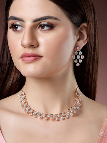 Karatcart Elegant Rose Gold Plated Necklace Set Studded with Cubic Zirconia and Rhodium Finish