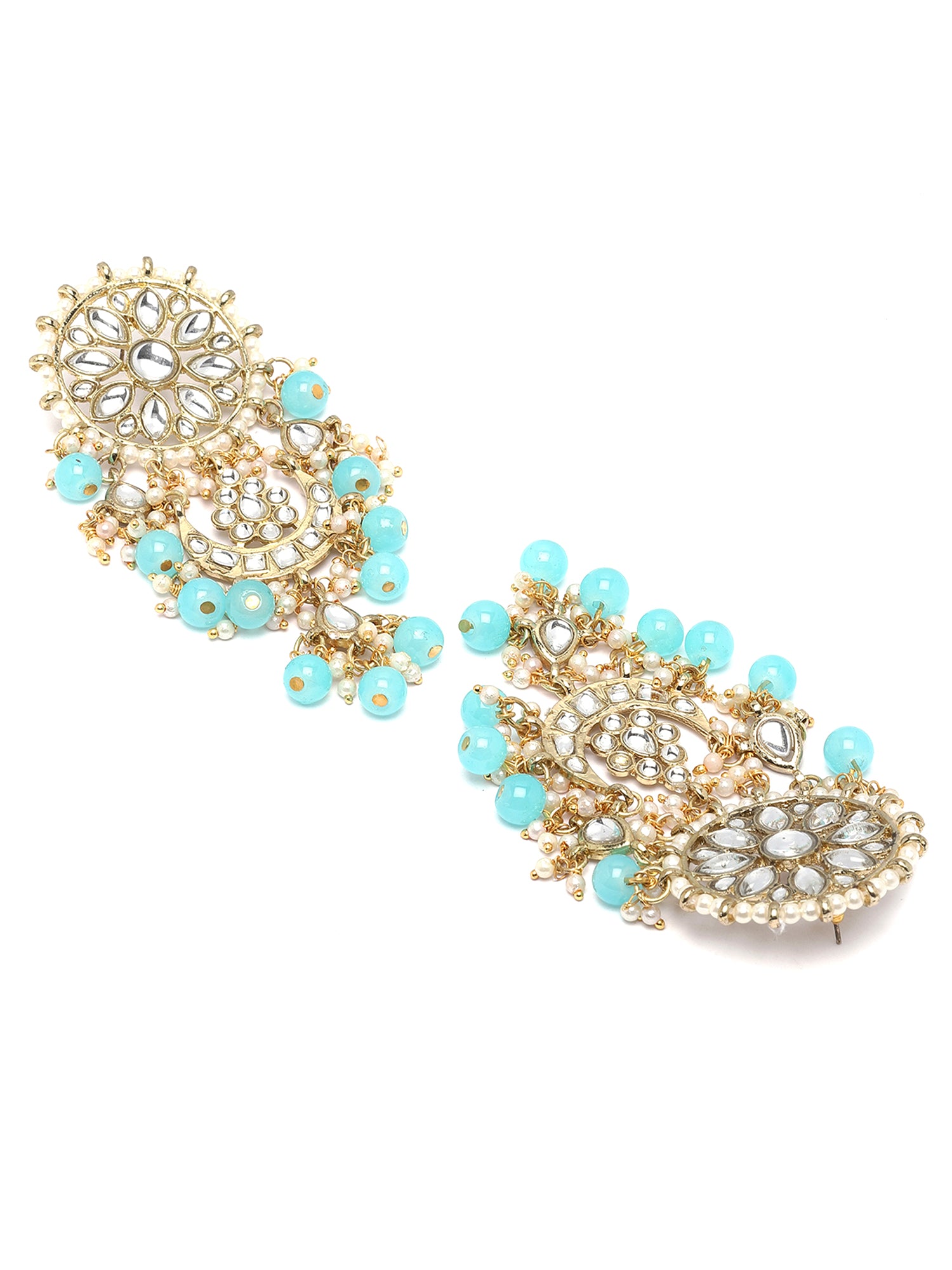 Karatcart Gold Plated Light Blue Bead Kundan Drop Earrings for Women - view 5