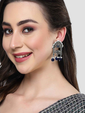 Karatcart Oxidised Silver Blue Beads Elephant Design Dangler Earrings for Women