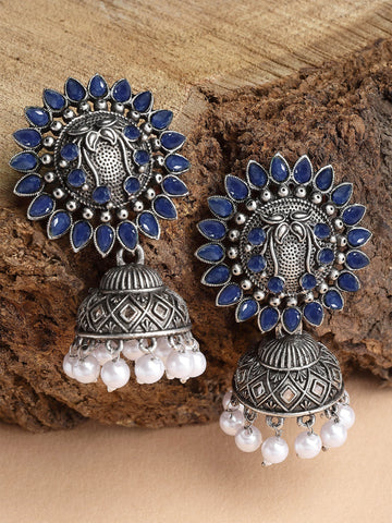 Karatcart Oxidised Silver Blue Stone Studded Jhumki Earring for Women