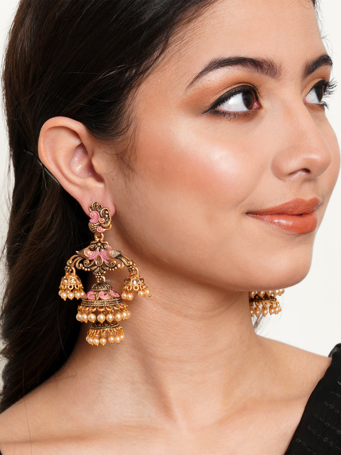 Karatcart Gold Plated Pink Meena Double Jhumki Earrings for Women