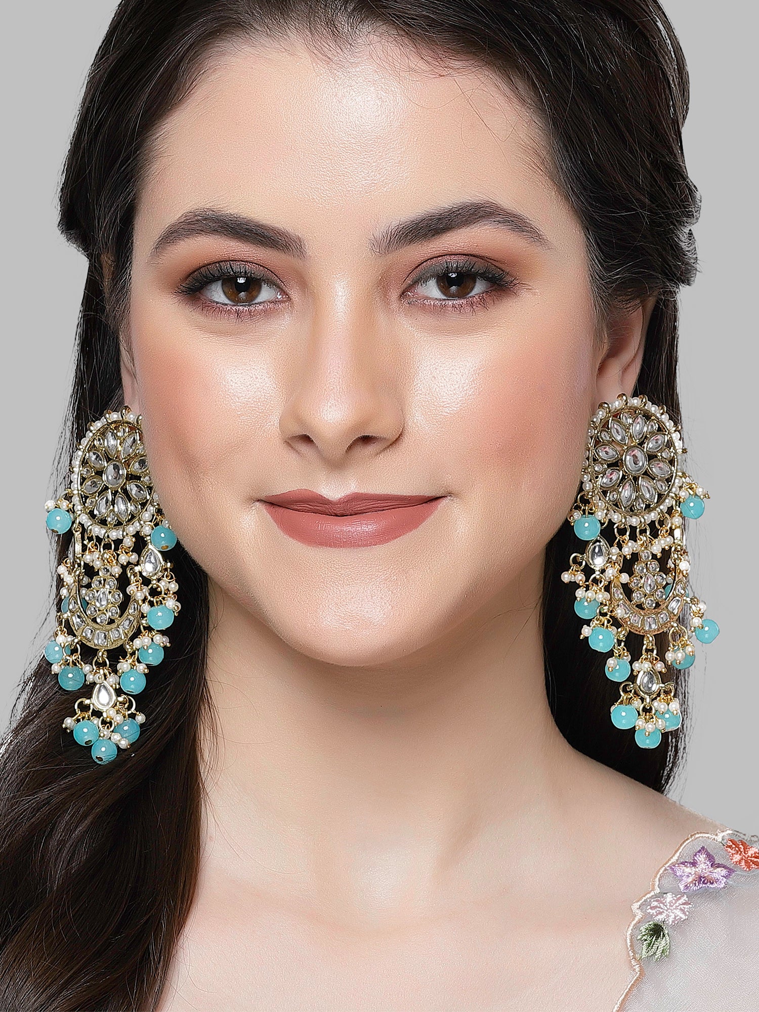 Karatcart Gold Plated Light Blue Bead Kundan Drop Earrings for Women - view 2