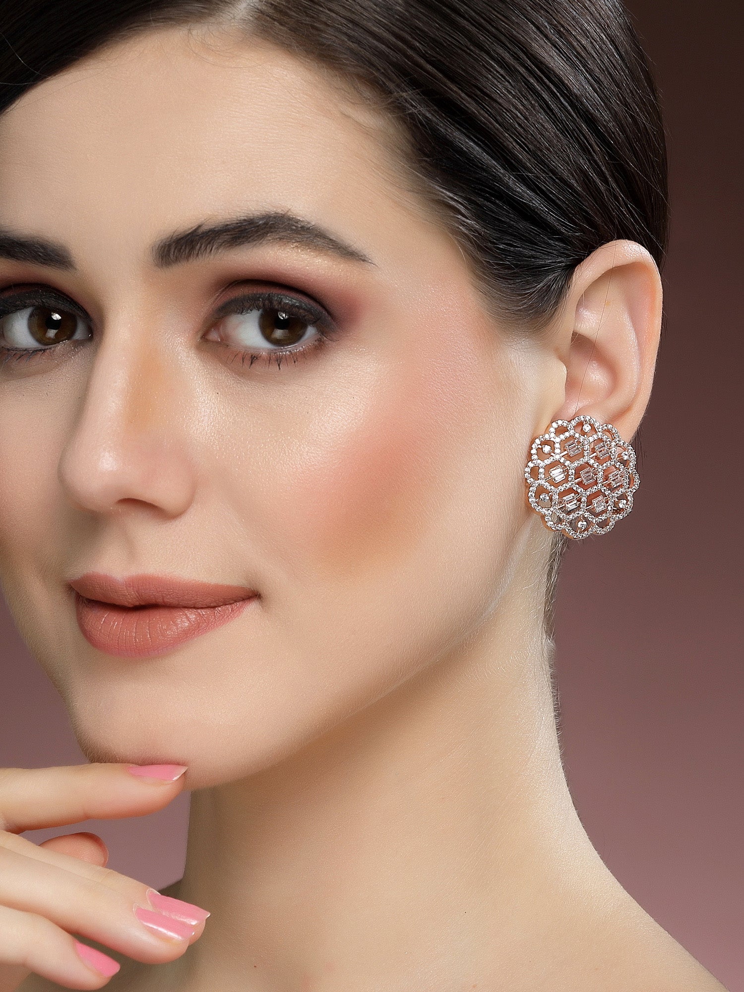 KARATCART Rose Gold Plated American Diamond Stud Rose Gold