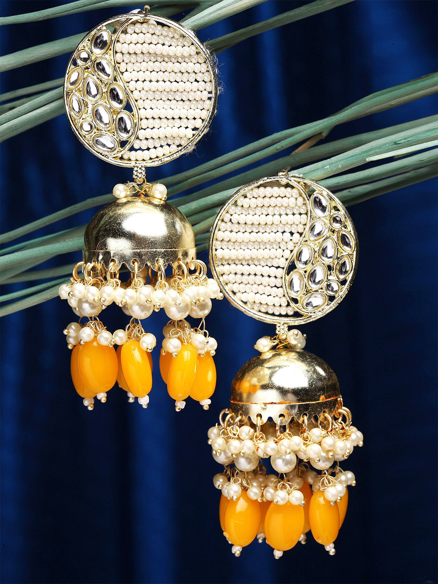 Karatcart Gold Plated Yellow Tumble and Pearl Studded Kundan Jhumki Earrings for Women - view 3