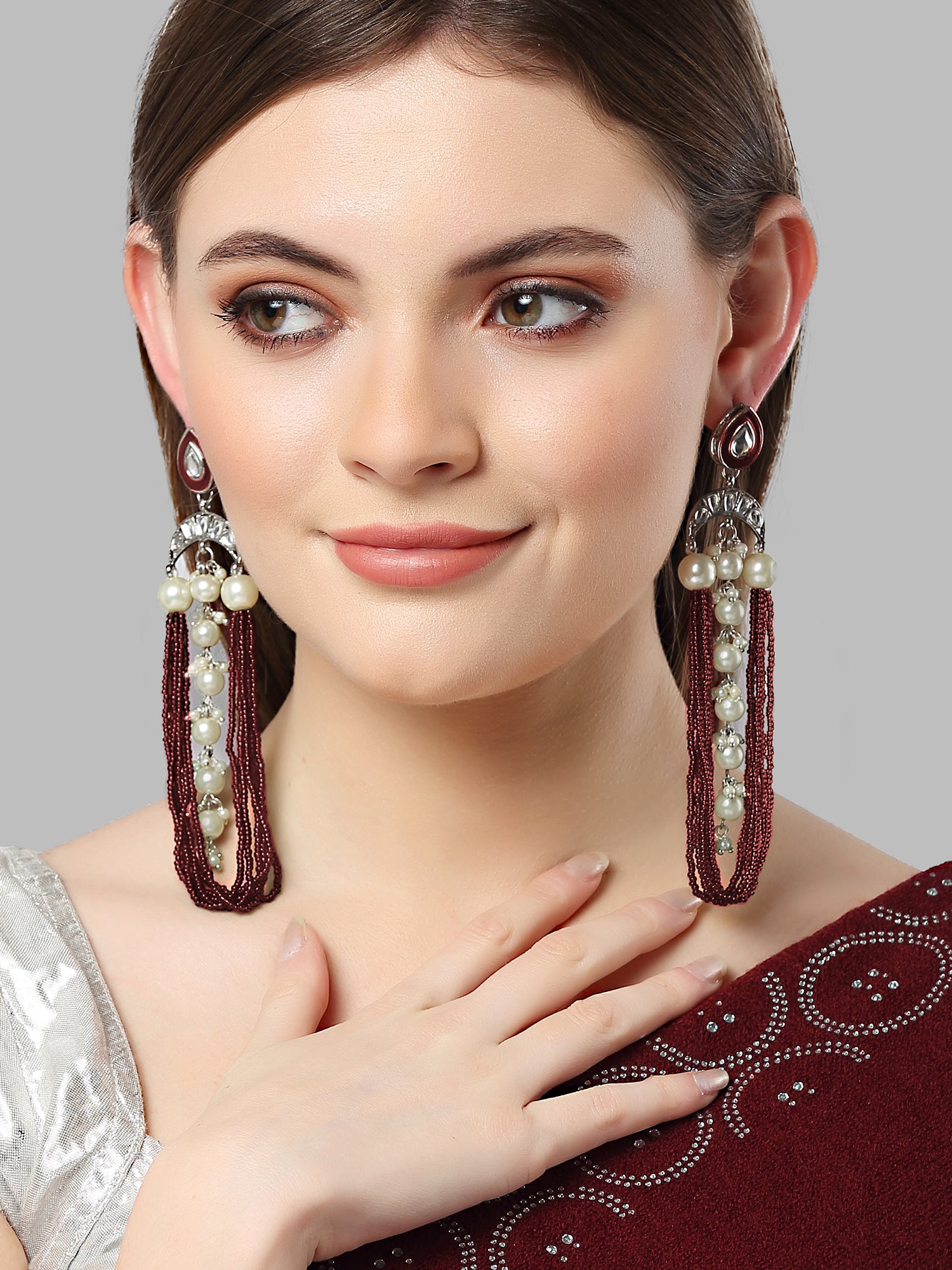 Karatcart Oxidised Silver Pearl and Green Moti Studded Kundan Drop Earrings for Women - view 2